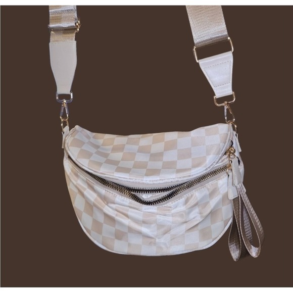 Beige Checkered Crossbody Bag Nylon Gold Hardware Adjustable Wide Strap Bum... - Picture 4 of 13
